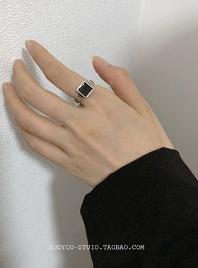 冷淡风高级开口可调节两件套戒指女ins潮小众复古黑色系食指指环