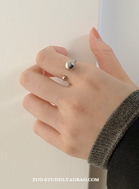 女冷淡风银色素圈几何圆球戒指