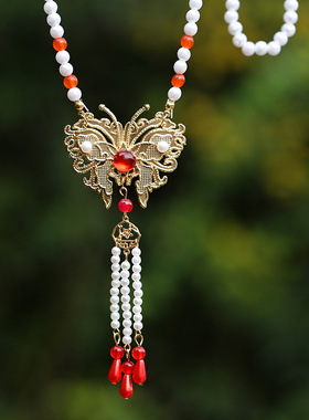 十里芳华 古风长款璎珞坦领唐风汉服配饰眀制蝴蝶吊坠长流苏背云