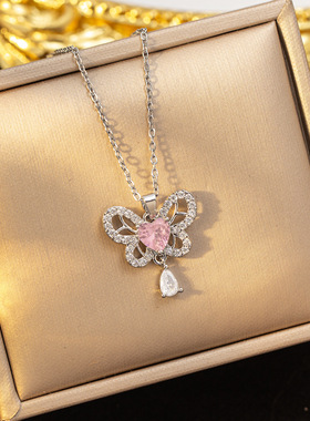 【钛钢】缕空蝴蝶流苏轻奢气质满钻项链女华丽百搭毛衣链饰品
