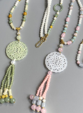 中国风项链复古玉佩如意锁配饰长款背云流苏璎珞饰品珍珠颈链首饰