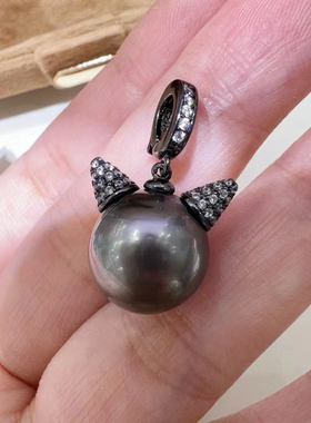 天然大溪地海水珍珠猫猫头吊坠个性时尚暗黑系S925纯银