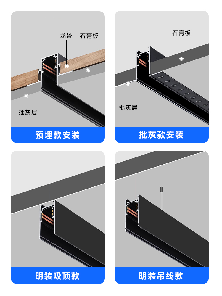 磁吸轨道灯嵌入式磁吸灯客厅无主灯照明暗装预埋明装吸磁格栅灯 - 图2