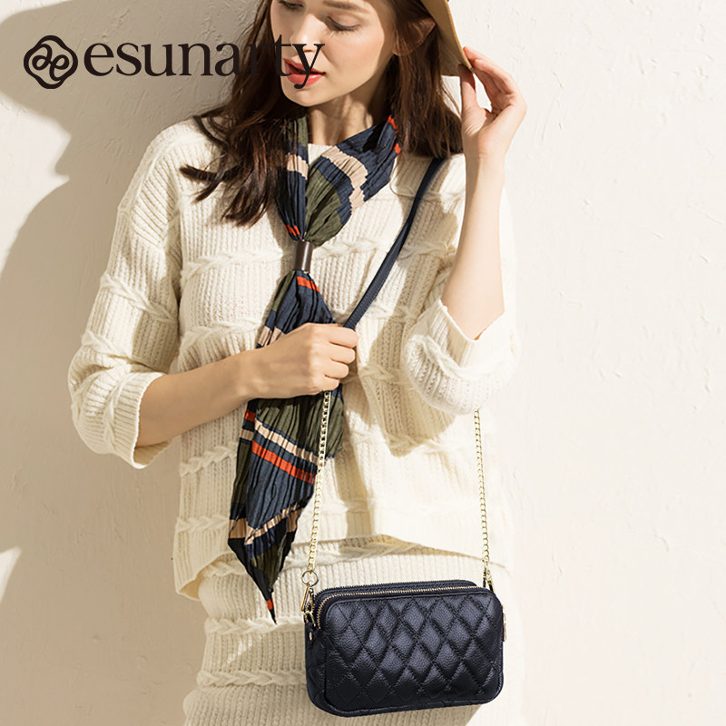 真皮包包女式2025新款头层牛皮手拿包小香风菱格链条单肩小方包,淘宝优惠券,粉丝福利购,淘宝优惠卷