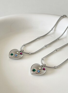【新品推荐】洗澡不用摘 百搭钛钢立体爱心彩色锆石 蛇骨链项链女