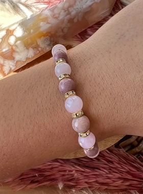 亚马逊爆款手链天然粉水晶天然红木纹手链女士粉色小清新手链串珠