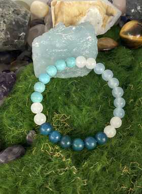 跨境新款蓝磷灰石手串天然石蓝松石手链幸运繁荣蓝白高端串珠饰品