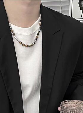 新款虎眼石碎银串珠拼接不锈钢项链男女百搭嘻哈中性不掉色锁骨链