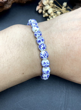 跨境爆款手链青花瓷景德镇陶瓷手链花朵图案蓝色手串国风复古串珠