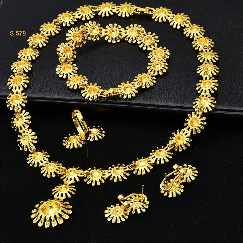 跨境沙特阿拉伯热销饰品套装镀金首饰花形项链手镯耳环戒指四件套,淘宝优惠券,粉丝福利购,淘宝优惠卷