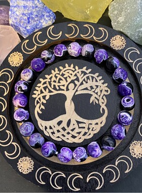 跨境爆款手链天然石紫色火焰玛瑙石可调节紫水晶情绪调节手串珠串