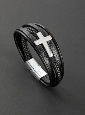 TEMU跨境热销十字架皮革编织手环不锈钢链条潮流磁铁扣男士皮手镯