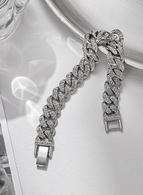 欧美简约时尚满钻古巴手链 ins风嘻哈潮个性男女批发钛钢手链