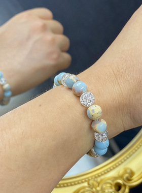 跨境爆款手链白爆花寿山石转运水晶手串天然石精致手饰蓝白色串珠