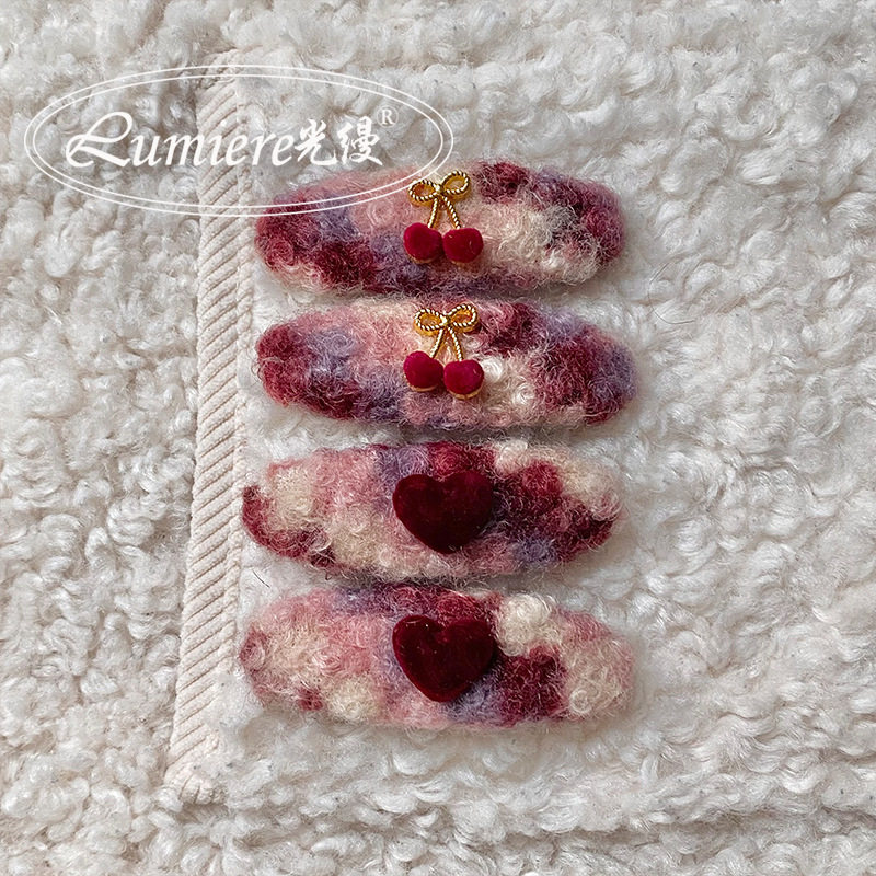 一对价格 粉色晕染爱心丝绒樱桃椭圆发夹温柔可爱少女碎发边夹,淘宝优惠券,粉丝福利购,淘宝优惠卷