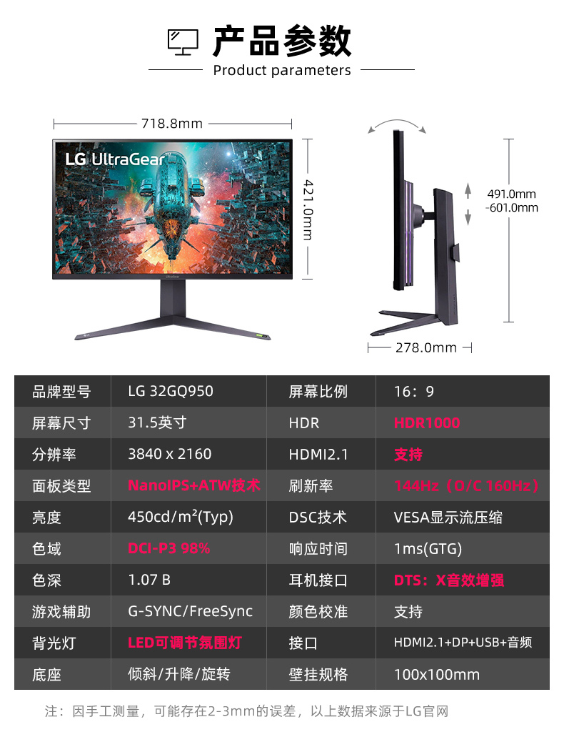 LG 32寸32GQ950四代NanoIPS HDR1000 HDMI2.1 ATW 4K 160Hz显示器 - 图2