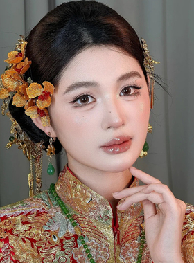 新娘头饰新中式金黄色头花结婚礼服旗袍晨跑秀禾龙凤褂汉服发饰品