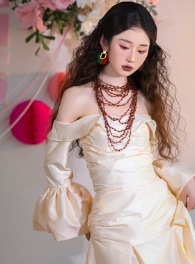 新娘项链耳环多层酒红色串珠锁骨链高级感结婚礼服晨袍旅拍耳饰品