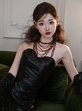 韩子造型新娘项链耳环红色多层串珠锁骨链高级感婚礼服晨袍耳饰品