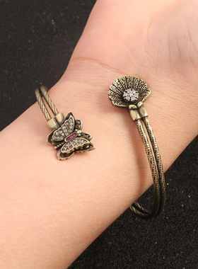纯黄铜手镯女复古风贝母彩钻蝴蝶