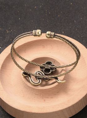 纯铜四叶草小蛇手镯女仿古双环