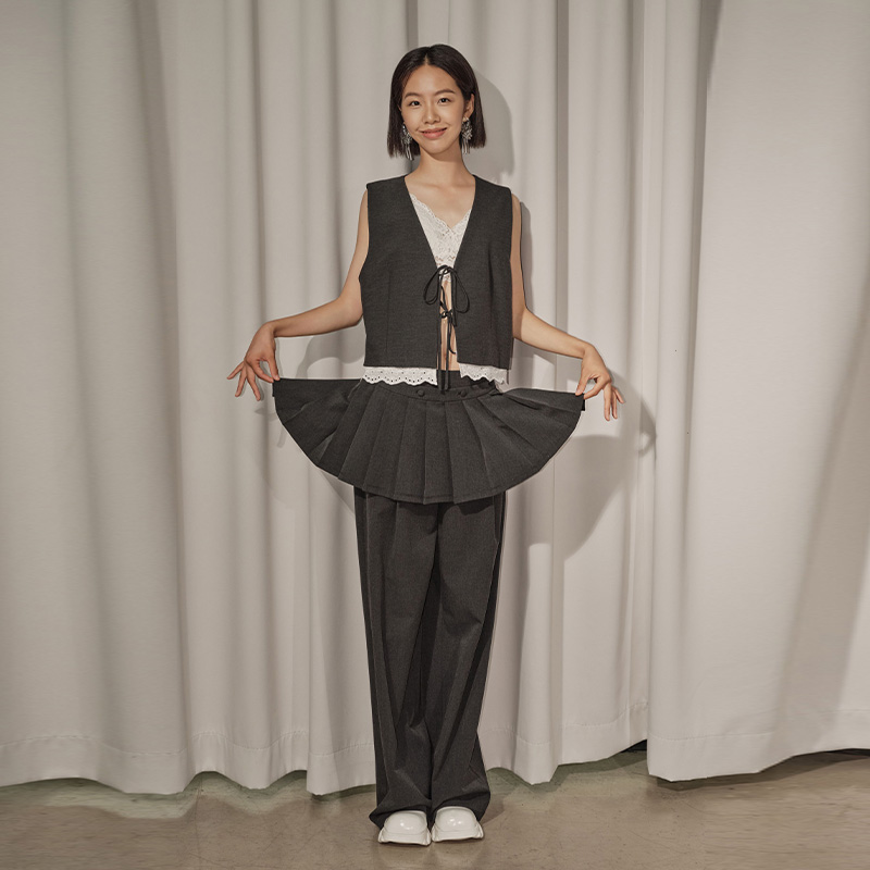 佐料原创设计时尚简约V领系带花边拼接深灰马夹上衣女装ZDC3M204 - 图3