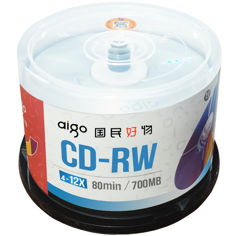 爱国者 CD-RW 空白光盘 可擦写可重复刻录CD盘4-12X 700M 80MIN CD-RW 可擦写光盘 50片桶装 - 图1