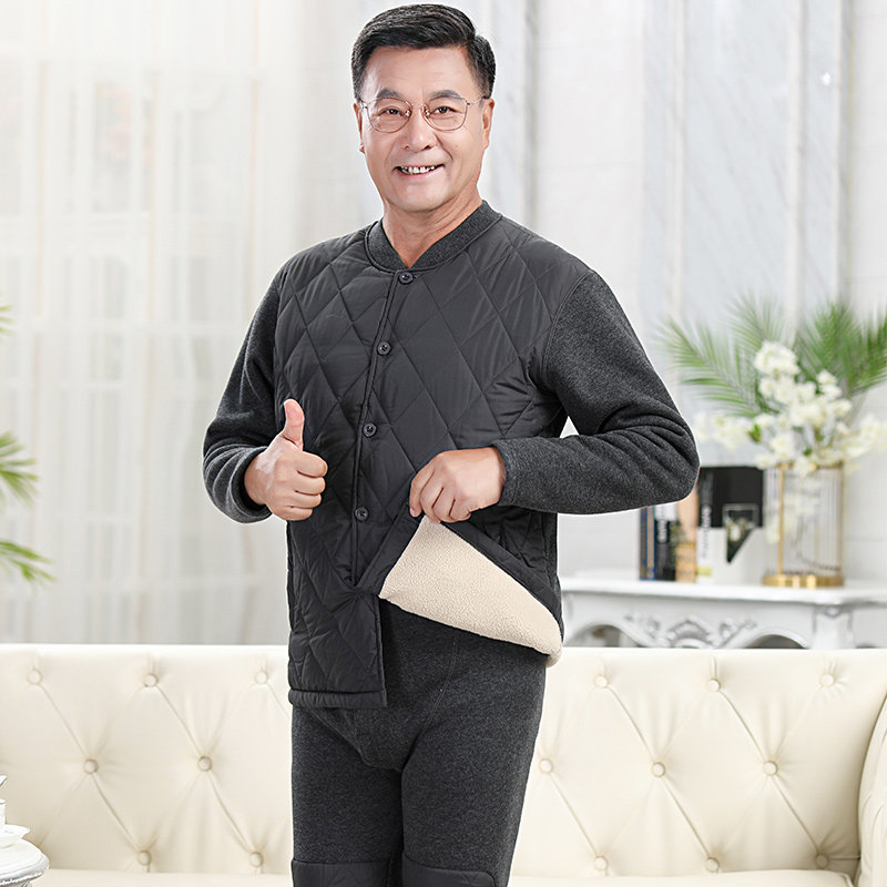 老年人开衫保暖内衣套装加绒保暖衣 北极绒杭州保暖套装