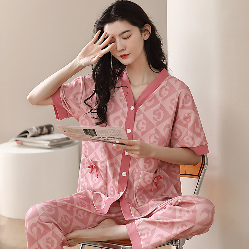 春秋款短袖家居服套装女款纯棉睡衣 北极绒杭州睡衣/家居服套装