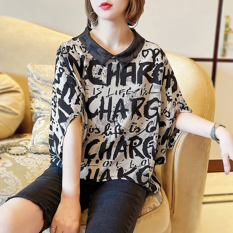 大码雪纺衫女夏装别致漂亮显瘦字母 qiubi服饰衬衫