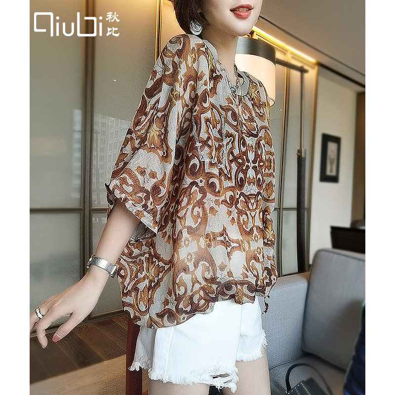 秋比超薄雪纺半袖2020夏季新款衬衫 qiubi服饰蕾丝衫/雪纺衫