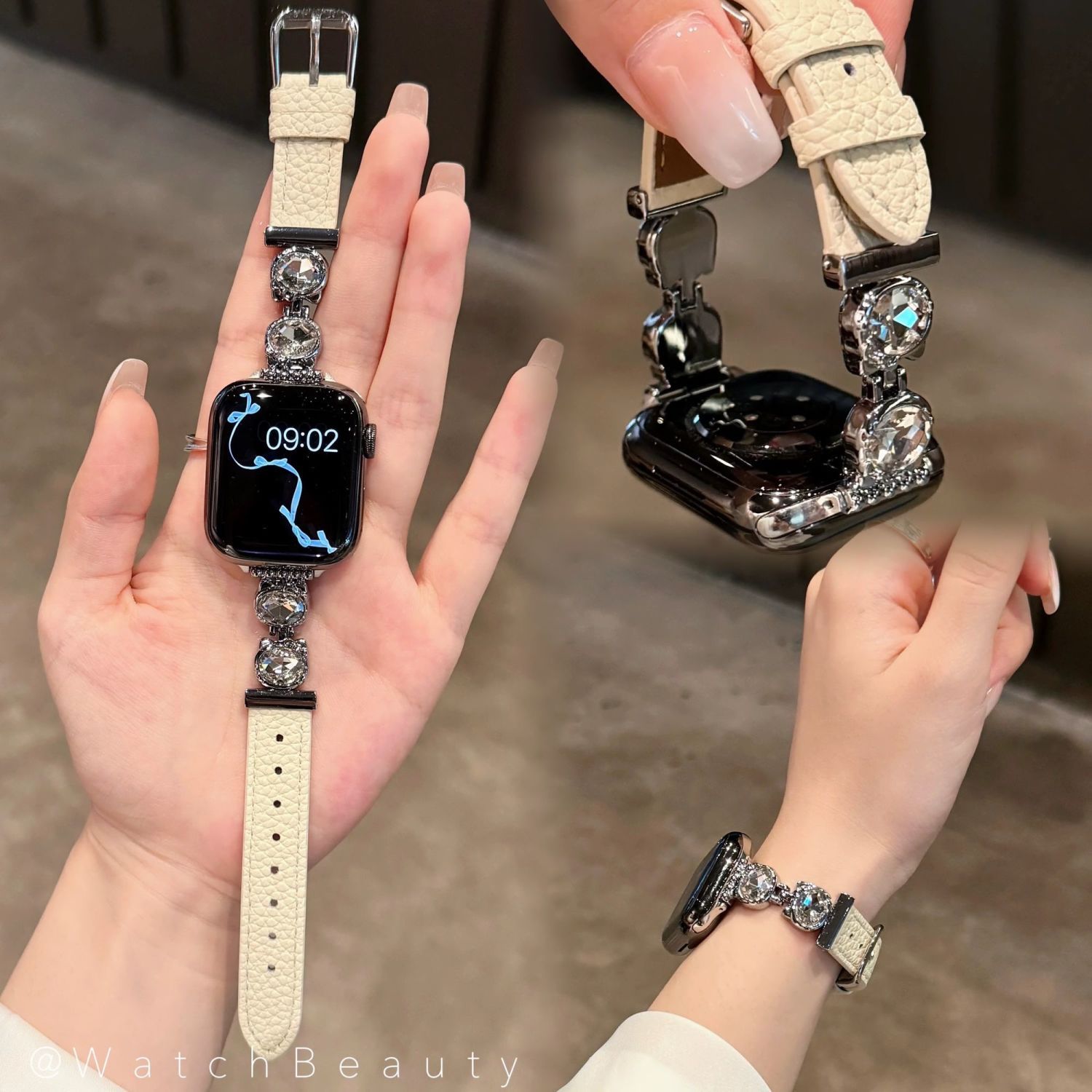 适用气质kt镶钻荔枝纹皮质适用iwatchs11苹果手表带AppleWatch10/ - 图0