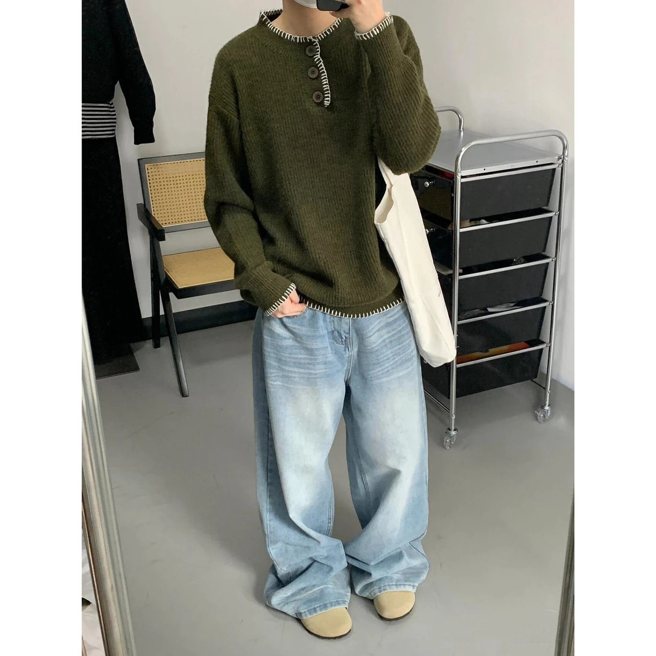 【Humans Mades】慵懒氛围感马海毛彩边勾线亨利领大码针织衫毛衣,淘宝优惠券,粉丝福利购,淘宝优惠卷