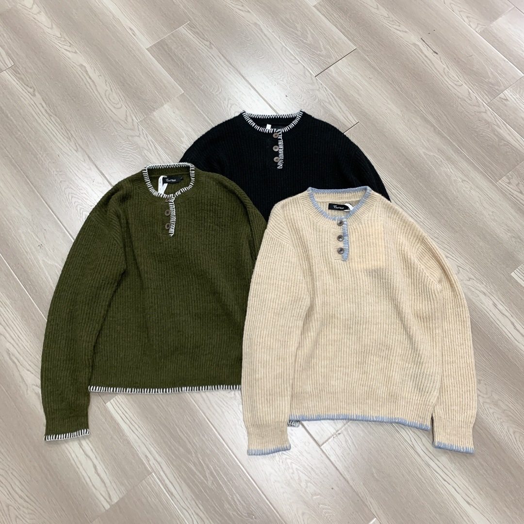 【Humans Mades】慵懒氛围感马海毛彩边勾线亨利领大码针织衫毛衣,淘宝优惠券,粉丝福利购,淘宝优惠卷