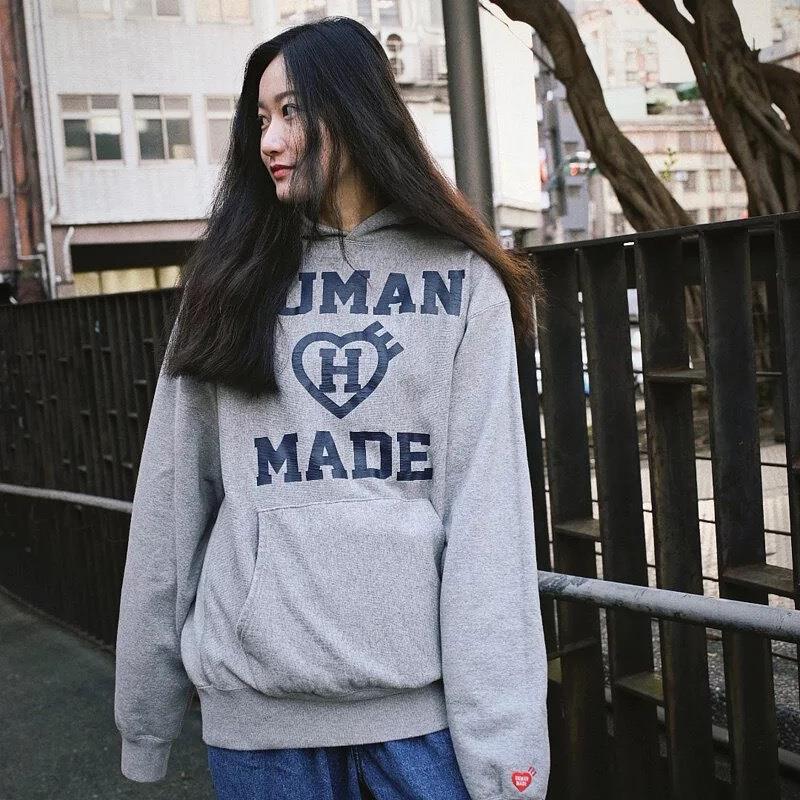 【现货】Humans Mades爱心H字母加绒帽衫日系情侣宽松秋连帽卫衣 - 图0