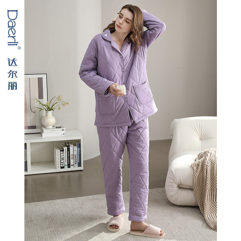 达尔丽加厚夹棉睡衣女冬纯棉保暖长袖三层空气棉家居服秋冬厚套装,淘宝优惠券,粉丝福利购,淘宝优惠卷