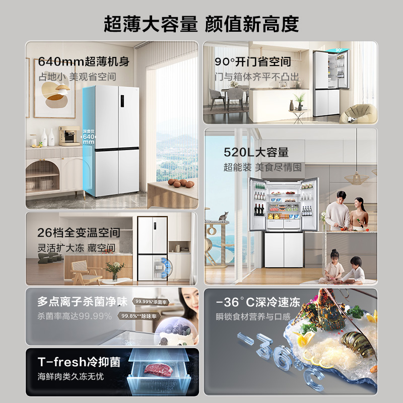 TCL 520升T5十字对开门超薄白色冰箱  大容量一级变频 宽幅变温