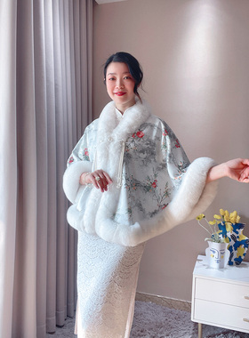 中国风配旗袍披肩斗篷冬外套复古加厚加绒中式女装皮草短款年轻款