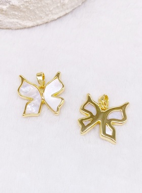 创意蝴蝶吊坠白贝微镶镂空气质挂坠女项坠铜镀18K金DIY饰品配件