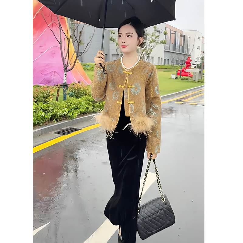 小香风套装轻熟风盘扣刺绣气质高级感新中式外套丝绒半身裙两件套 - 图3