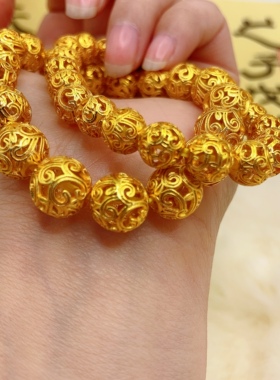 古法沙金久不褪色18k镀金镂空花丝球珠手链欧币仿金男女情侣手串