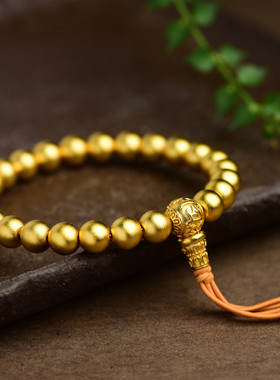 沙金六字箴言三通单圈手链古法素款国风礼品饰品编织手串高保色