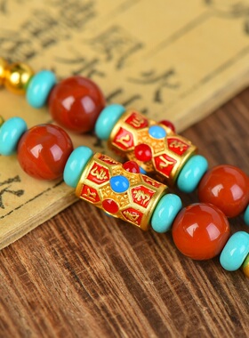 古法108颗多圈红蓝设计款佛珠彩石降魔杵项链手链古法长链高保色