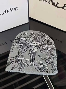 美式复古撞色提花针织毛线帽子男女秋冬保暖套头冷帽街头黑色潮帽