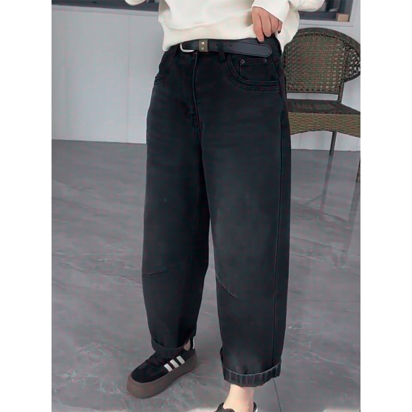 黑灰色哈伦牛仔裤女2025秋季新款大码梨形身材高腰显瘦九分老爹裤 - 图2