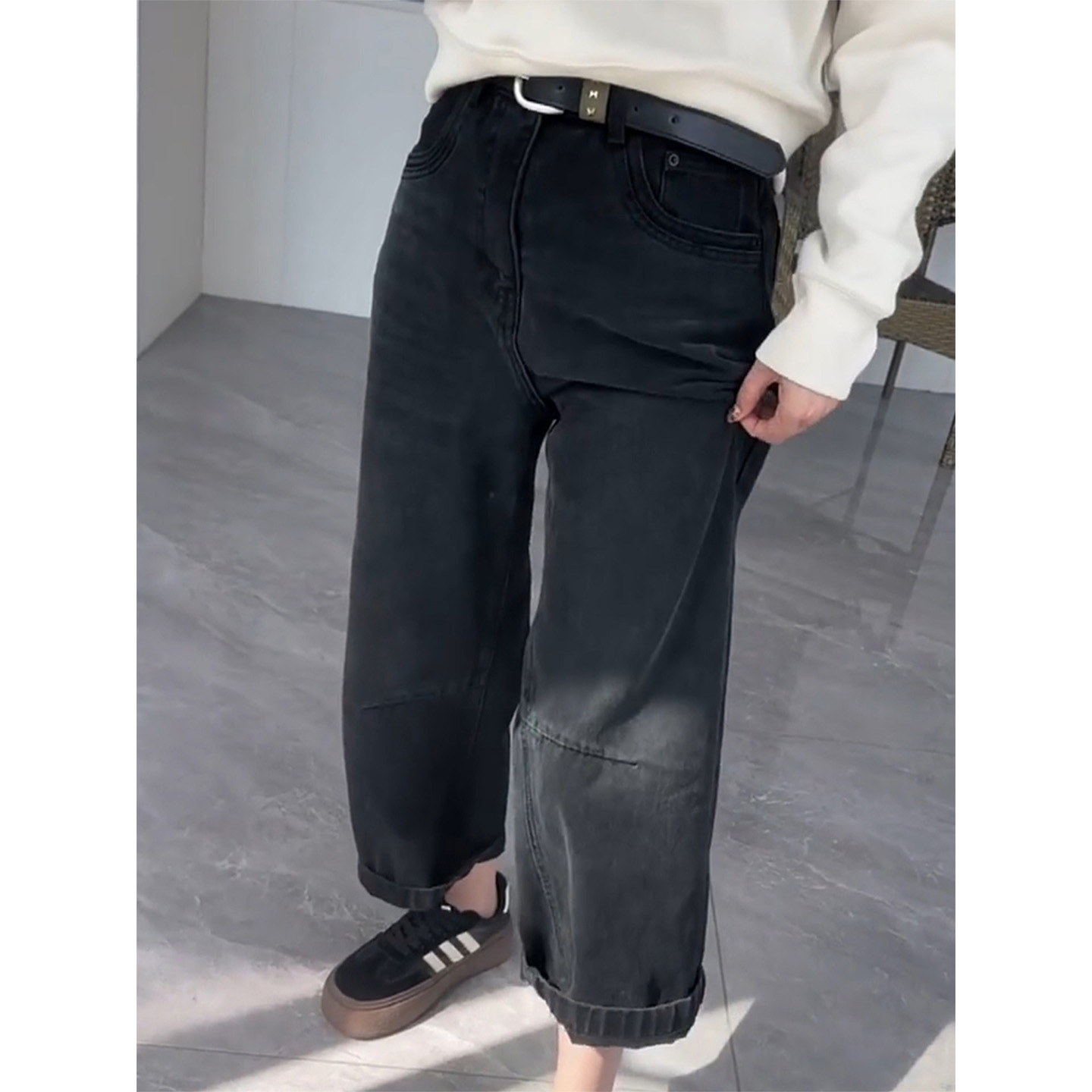 黑灰色哈伦牛仔裤女2025秋季新款大码梨形身材高腰显瘦九分老爹裤 - 图0