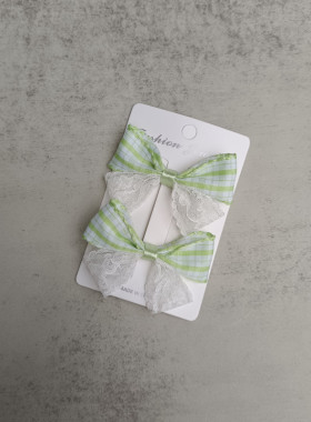 春夏新款甜美儿童女孩发夹浅绿色格子拼白色蕾丝小对夹边夹刘海夹