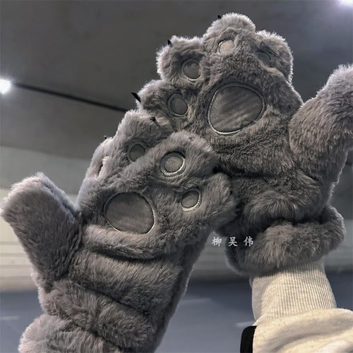 毛绒可爱小熊手套女冬季卡通学生骑行骑车防风防寒男加绒加厚保暖 - 图2