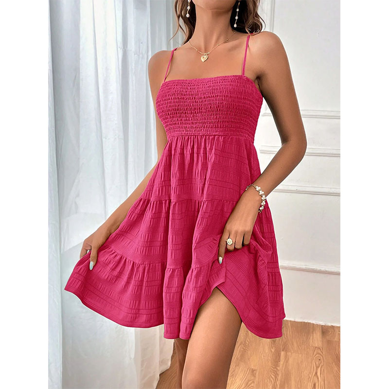 一字领细吊带纯色连衣裙  Off-shoulder Neck Spaghetti Dress - 图1