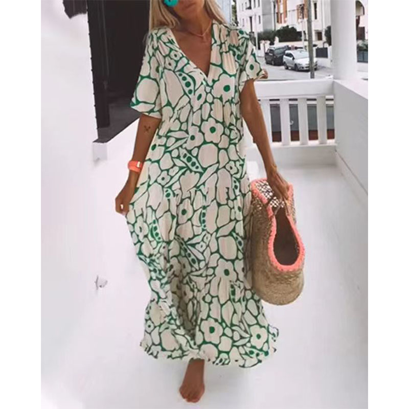 Women's Casual Deep V Neck Floral Print Dress深V领印花连衣裙 - 图0